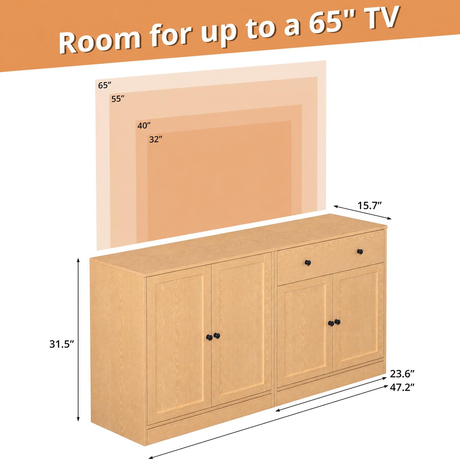 TUSY 71" Large TV Stand Set - TV Entertainment Center for TVs up to 65", Media Center with Tempered Glass Doors and Drawer, TV Hutch with Bookshelves for Living Room (White, BDDB)