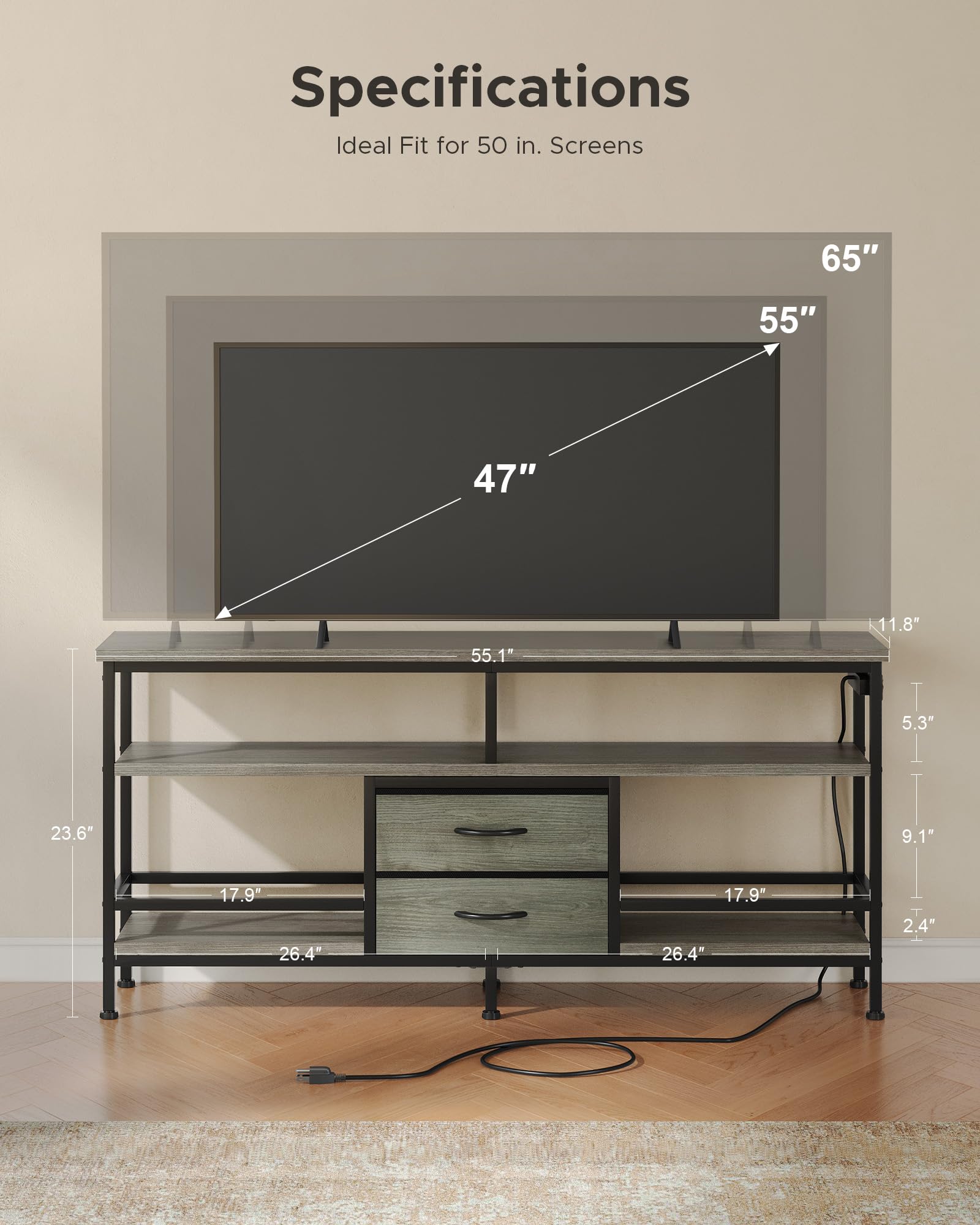 Lazzanto 63in TV Stand for 55-75in TVs, LED Lights, Charging Station, Black
