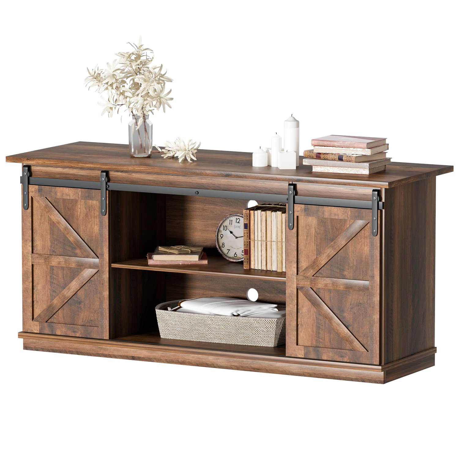 YESHOMY 58" Farmhouse TV Stand for TVs up to 65", Sliding Barn Doors, White