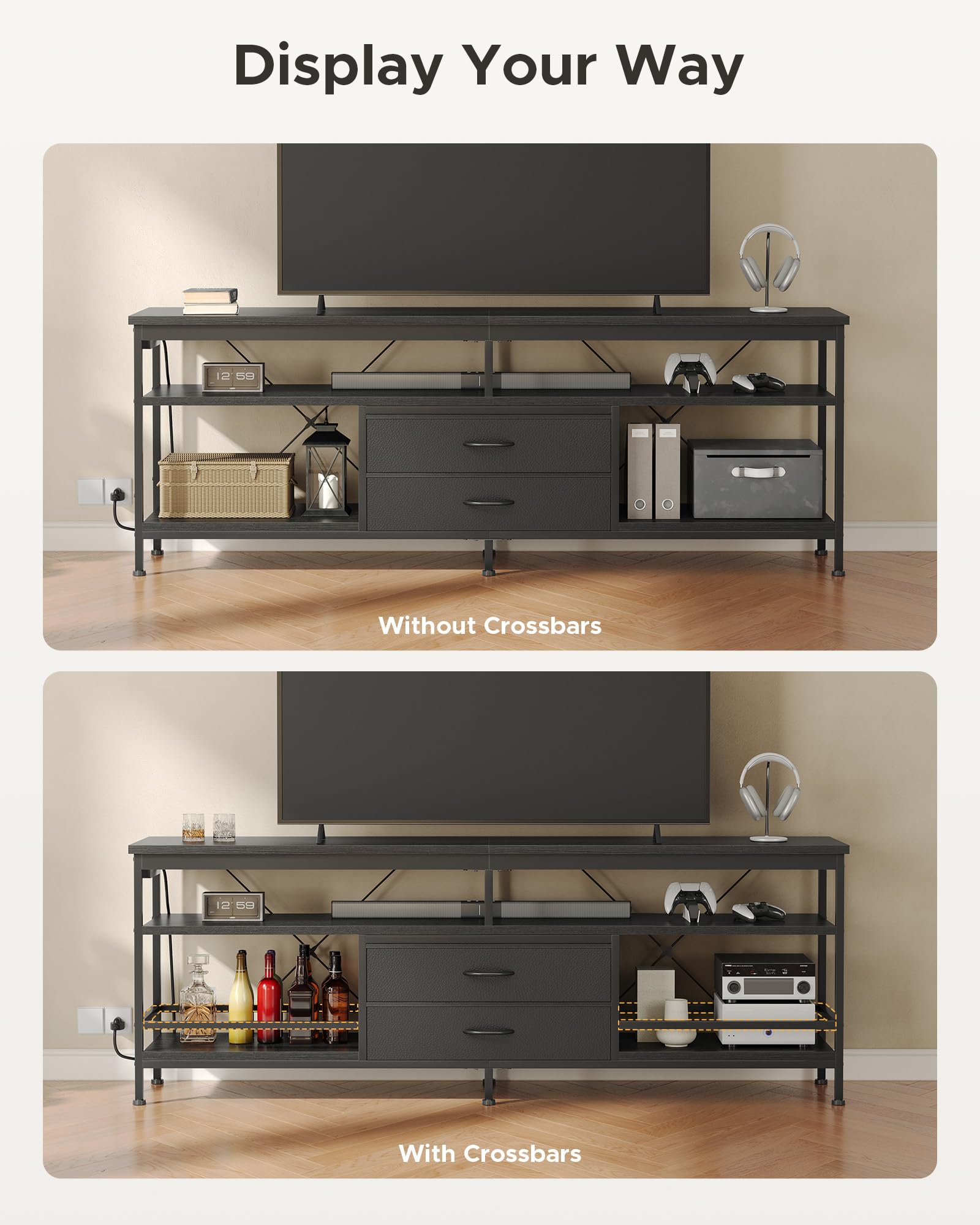 Lazzanto 63in TV Stand for 55-75in TVs, LED Lights, Charging Station, Black