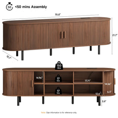 ONBRILL 70.8" TV Stand with Power Outlet for TVs up to 75 Inch, Entertainment Center with Storage and Adjustable Shelves, Modern Media Console with Sliding Doors for Living Room, Walnut