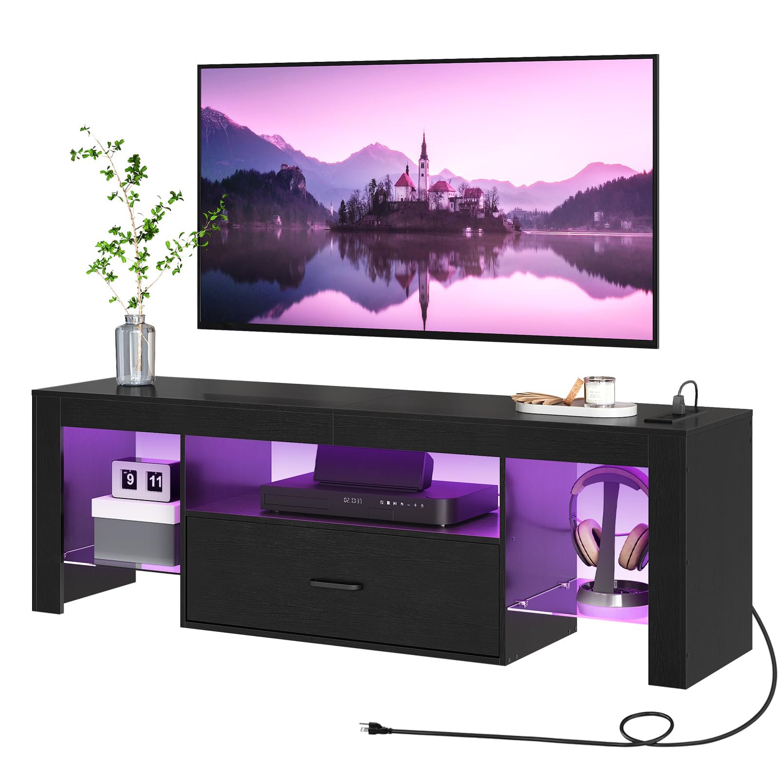 HOOBRO LED TV Stand with Power Outlets to 65 inch TV, Gaming Entertainment Center with Glass Shelves and Large Drawer, Modern Media TV Console Table for Living Room Bedroom, White WT14UDDS01