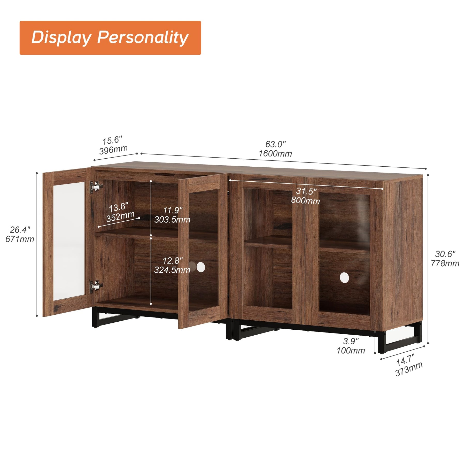 WAMPAT Modern TV Stand with Glass Doors for 80-120 inch TVs, 4 in 1 Entertainment Center Console with 4 Drawers and Metal Base for Living Room, Bedroom, Brown