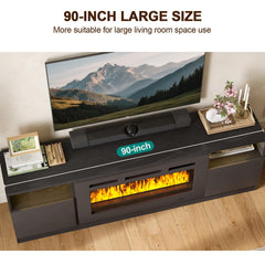 oneinmil Fireplace TV Stand with 36" Electric Fireplace, LED Light Entertainment Center, Modern Wood Texture Entertainment Stand with Highlight Storage Cabinet for TVs Up to 80", 70 inches, Black