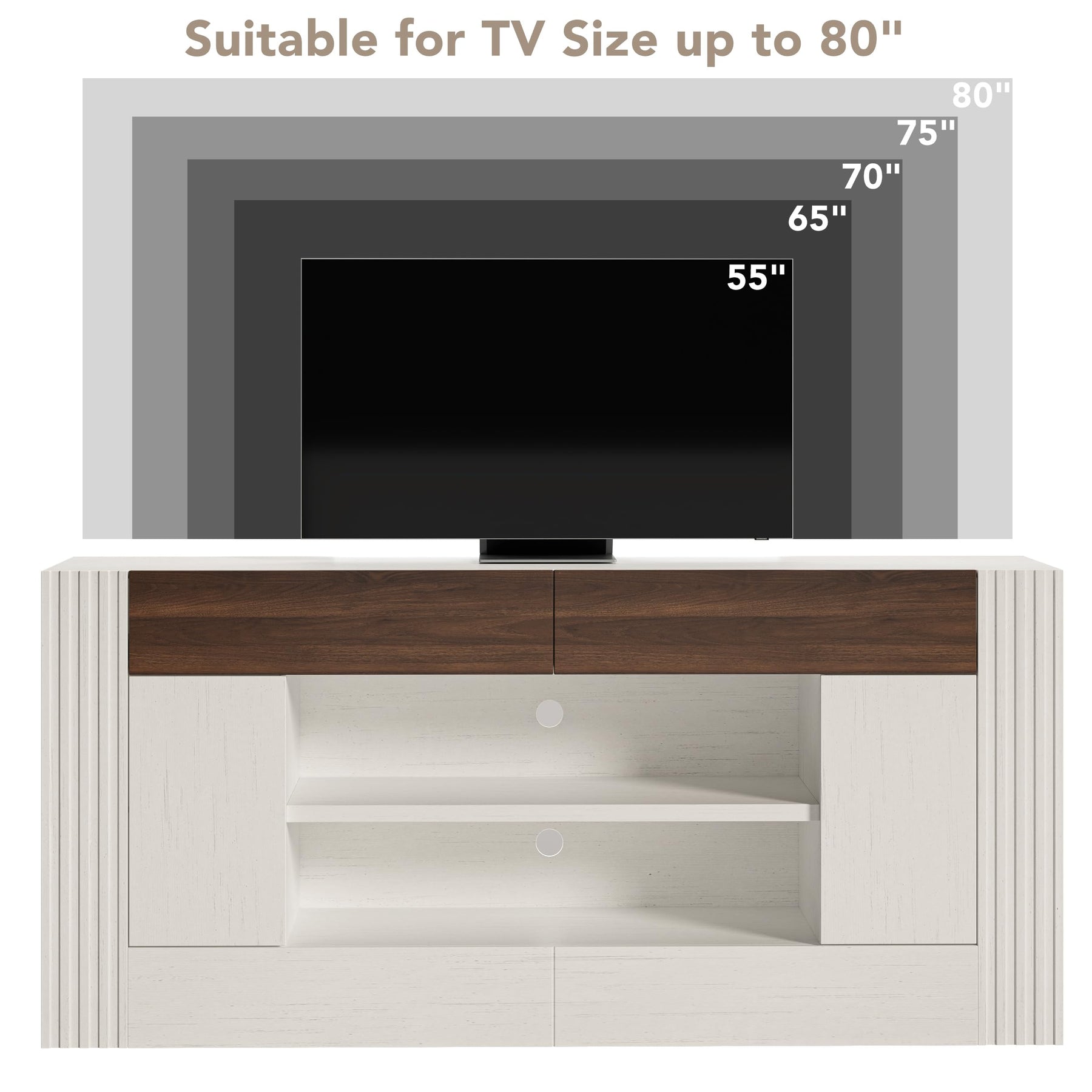 OneBlis Modern 70" TV Stand for TVs up to 80", Entertainment Center with 2 Drawers & 2 Side Cabinets, Media Console with 2-Tier Open Storage Shelves and Cable Management, Antique White & Walnut