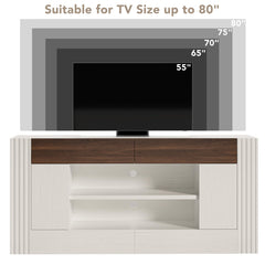OneBlis Modern 70" TV Stand for TVs up to 80", Entertainment Center with 2 Drawers & 2 Side Cabinets, Media Console with 2-Tier Open Storage Shelves and Cable Management, Antique White & Walnut