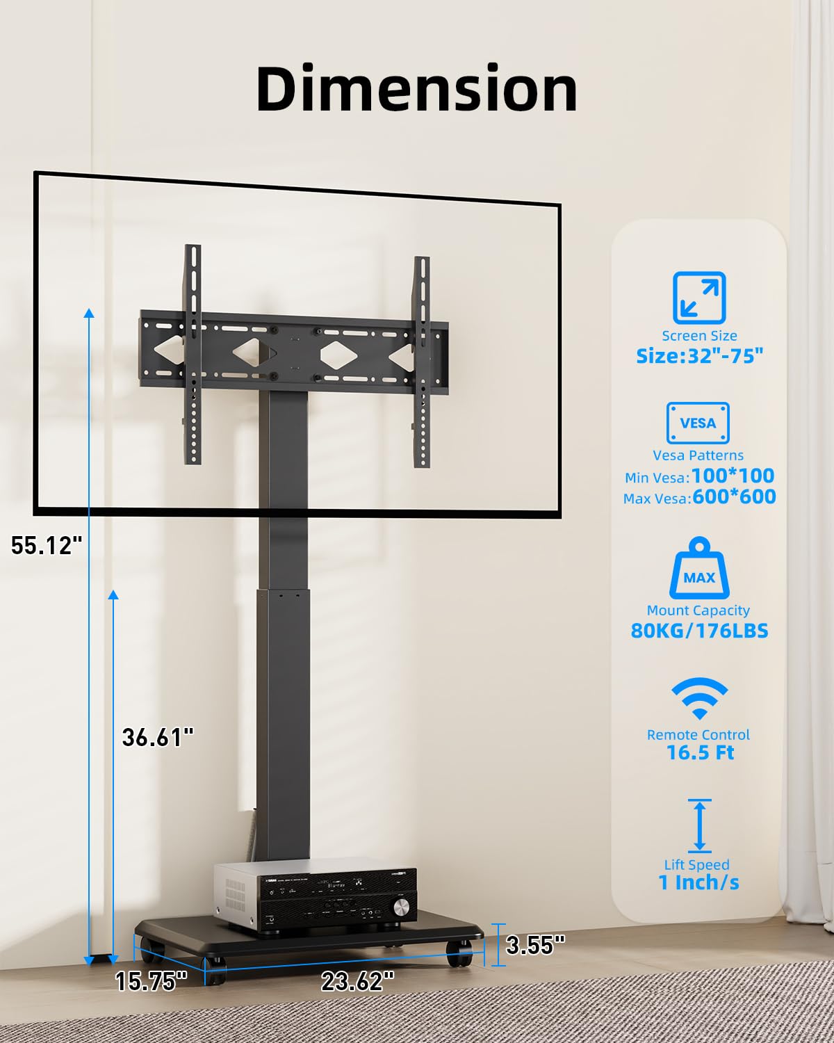 Motorized Rolling TV Stand on Wheels for 32-75 Inch TVs/Screens