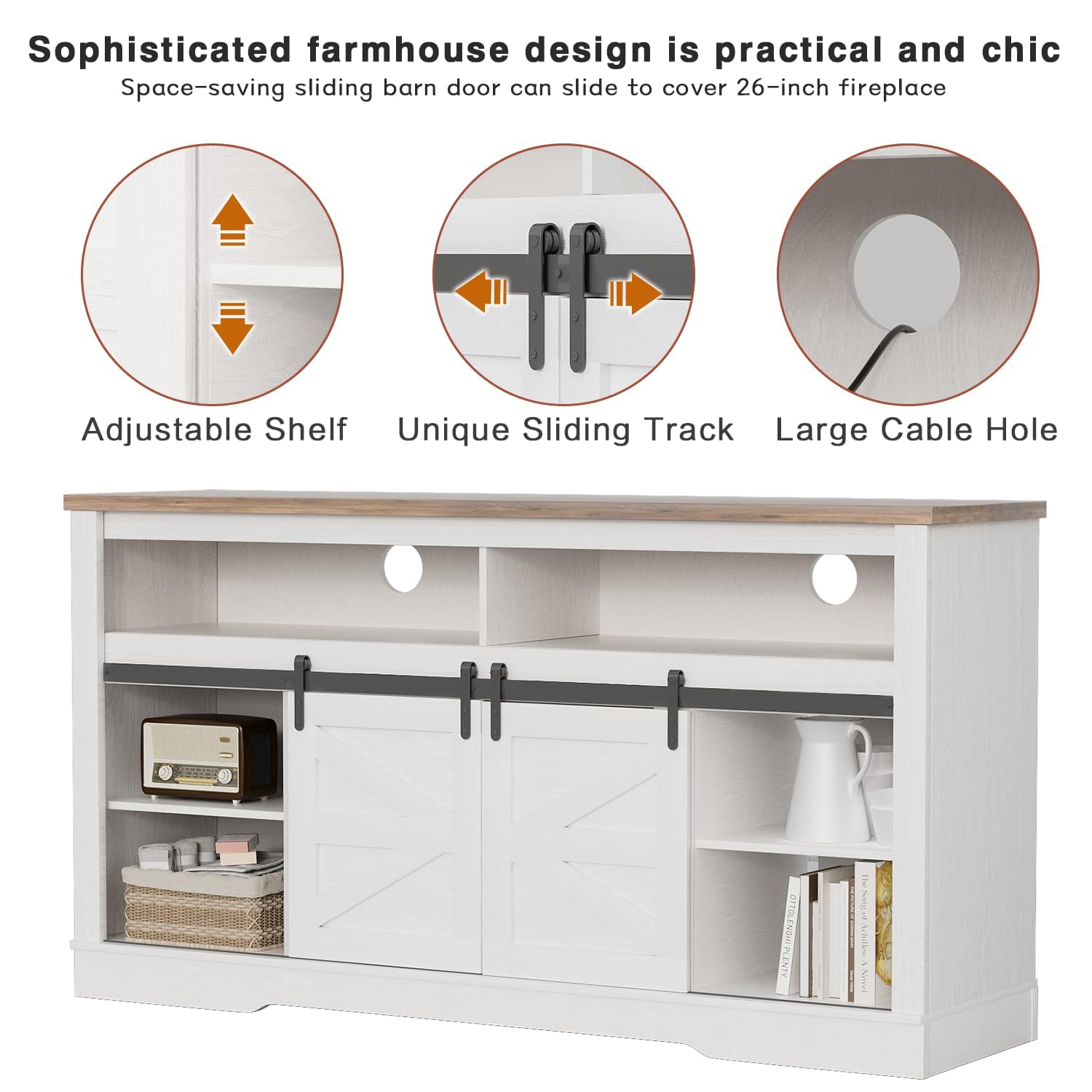 YESHOMY 58" Farmhouse TV Stand for TVs up to 65", Sliding Barn Doors, White