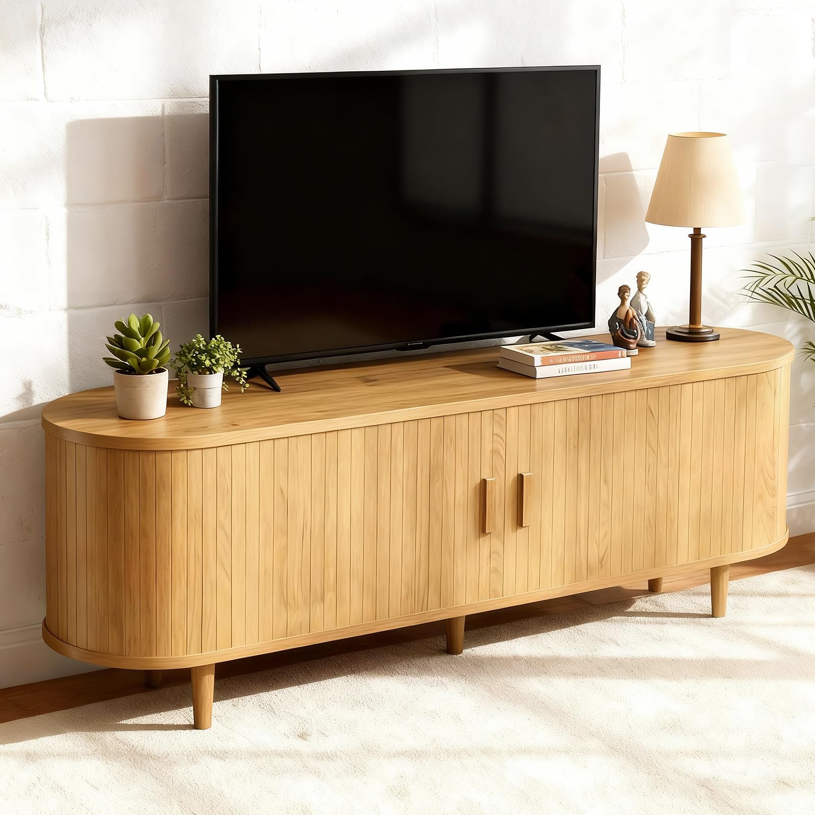 OneBlis 70" Mid Century Modern TV Stand, Wood TV Consoles with Sliding Doors and Power Outlet, Entertainment Center with Adjustable Shelves, Fluted TV Stands for Living Room, Walnut
