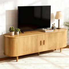 OneBlis 70" Mid Century Modern TV Stand, Wood TV Consoles with Sliding Doors and Power Outlet, Entertainment Center with Adjustable Shelves, Fluted TV Stands for Living Room, Walnut