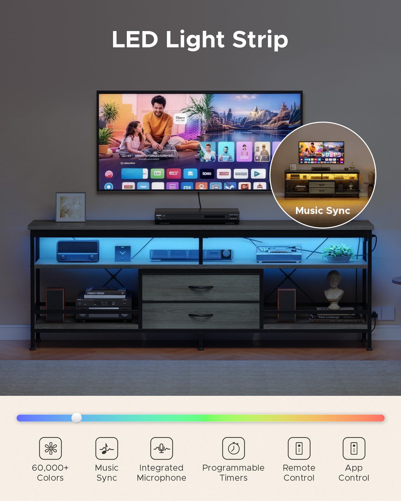 Lazzanto 63in TV Stand for 55-75in TVs, LED Lights, Charging Station, Black