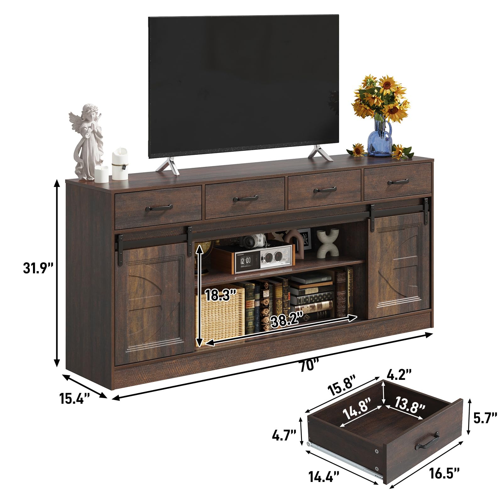 70" Large Farmhouse Tall TV Stand for 85/80/75/70 Inch TVs,4 Drawers,Brown