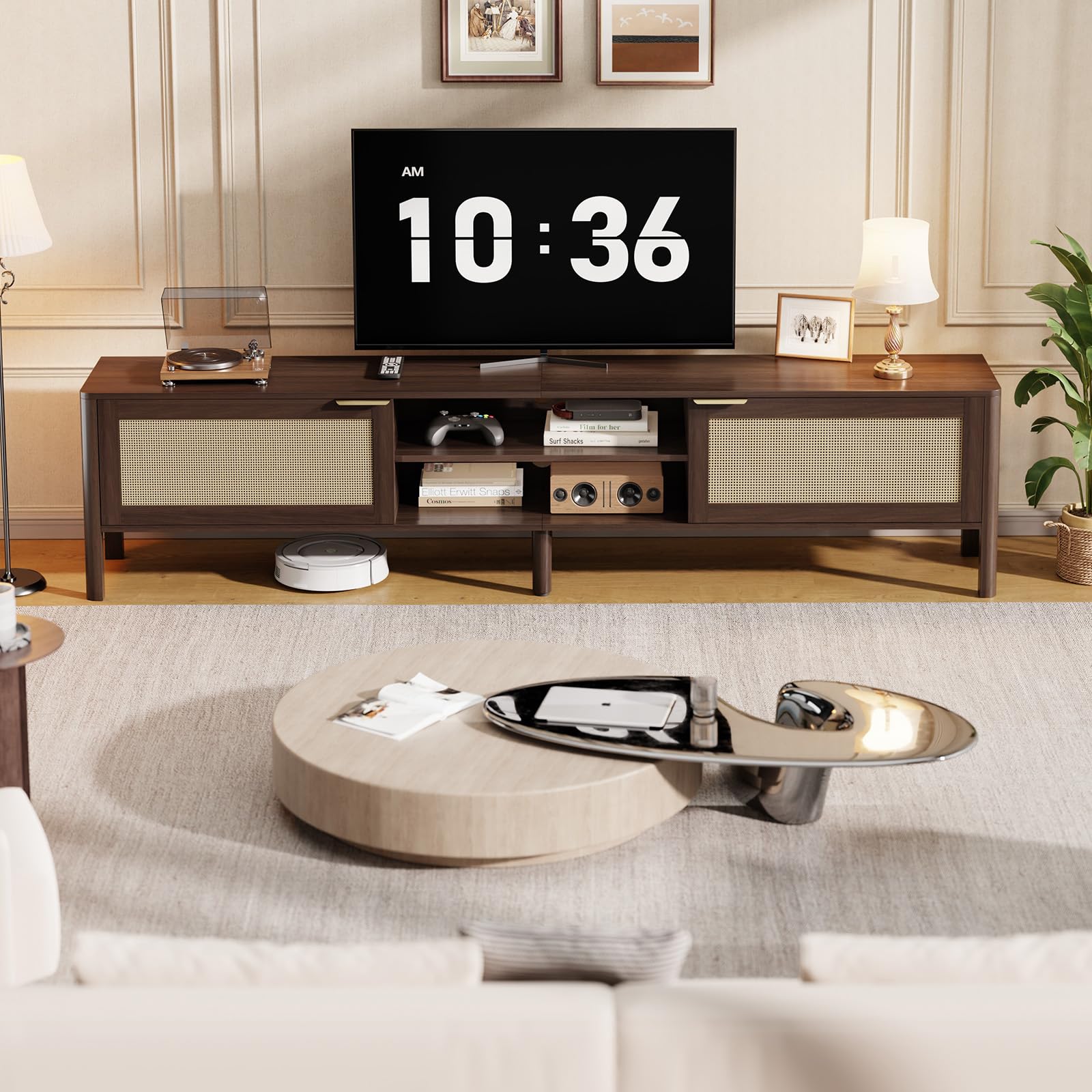 IKALIFE Rattan TV Stand for Living Room Walnut 58"