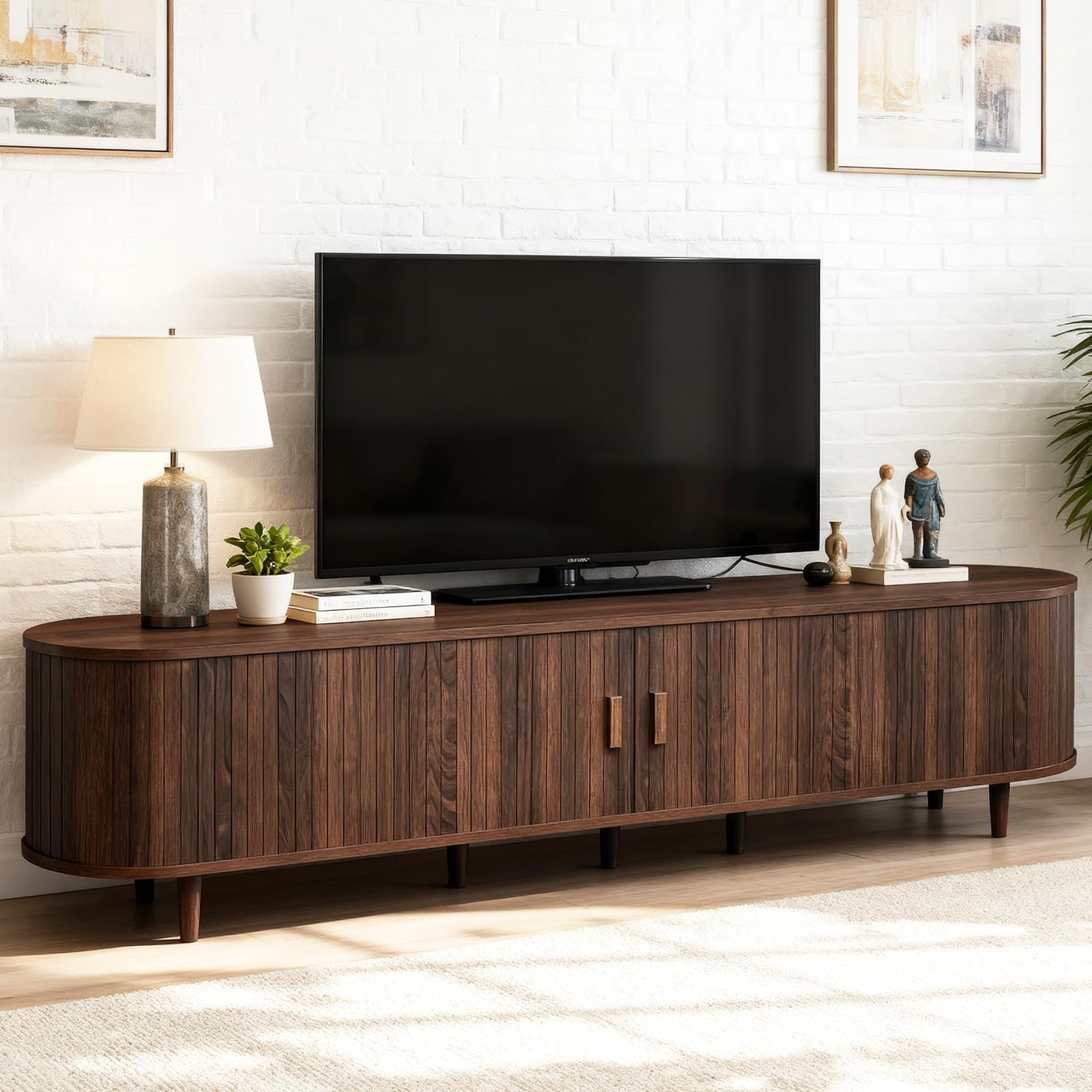 OneBlis 70" Mid Century Modern TV Stand, Wood TV Consoles with Sliding Doors and Power Outlet, Entertainment Center with Adjustable Shelves, Fluted TV Stands for Living Room, Walnut