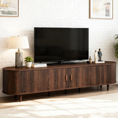 OneBlis 70" Mid Century Modern TV Stand, Wood TV Consoles with Sliding Doors and Power Outlet, Entertainment Center with Adjustable Shelves, Fluted TV Stands for Living Room, Walnut