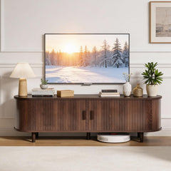 OneBlis 70" Mid Century Modern TV Stand, Wood TV Consoles with Sliding Doors and Power Outlet, Entertainment Center with Adjustable Shelves, Fluted TV Stands for Living Room, Walnut