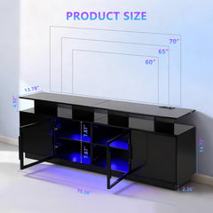 ansefe 70 Inch Black TV Stand for Living Room, LED Entertainment Center for Gaming, Modern TV Cabinet Console, Transparent Glass Door Storage Cabinet