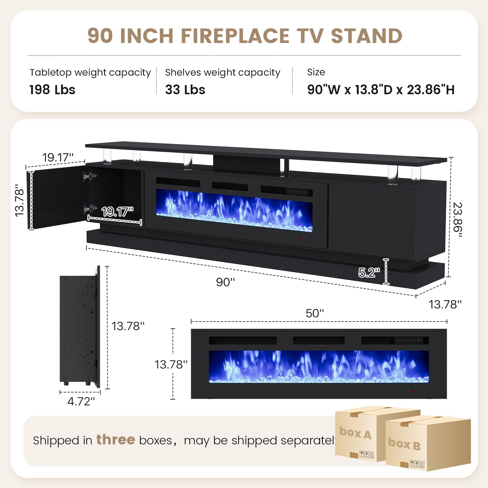 Nordivale 70" Fireplace TV Stand, Modern Entertainment Center for TVs Up to 80”, TV Console with Storage Cabinets, Media Console for Living Room, Black TV Stand and Black Fireplace