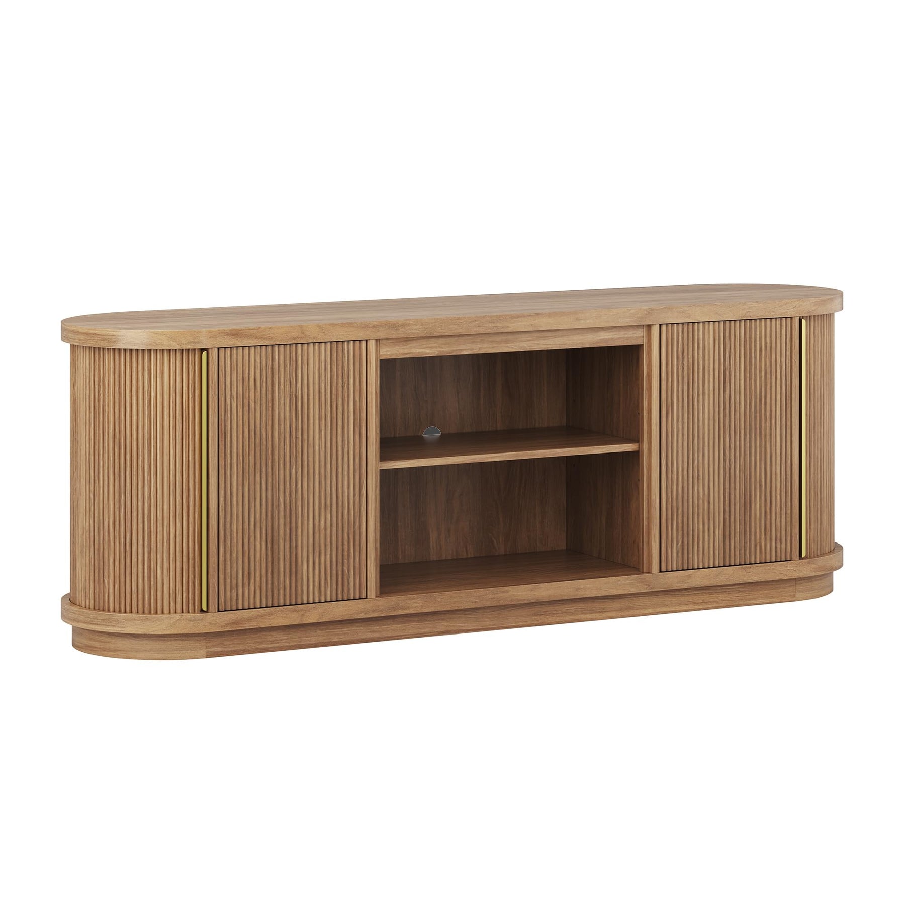 BELLEZE 67" Fluted TV Stand with Electric Fireplace Heater w/Sound, Curved Entertainment Center with Sliding Tambour Doors, Media Console Table for TV up to 75" for Living Room (Camel)