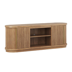 BELLEZE 67" Fluted TV Stand with Electric Fireplace Heater w/Sound, Curved Entertainment Center with Sliding Tambour Doors, Media Console Table for TV up to 75" for Living Room (Camel)