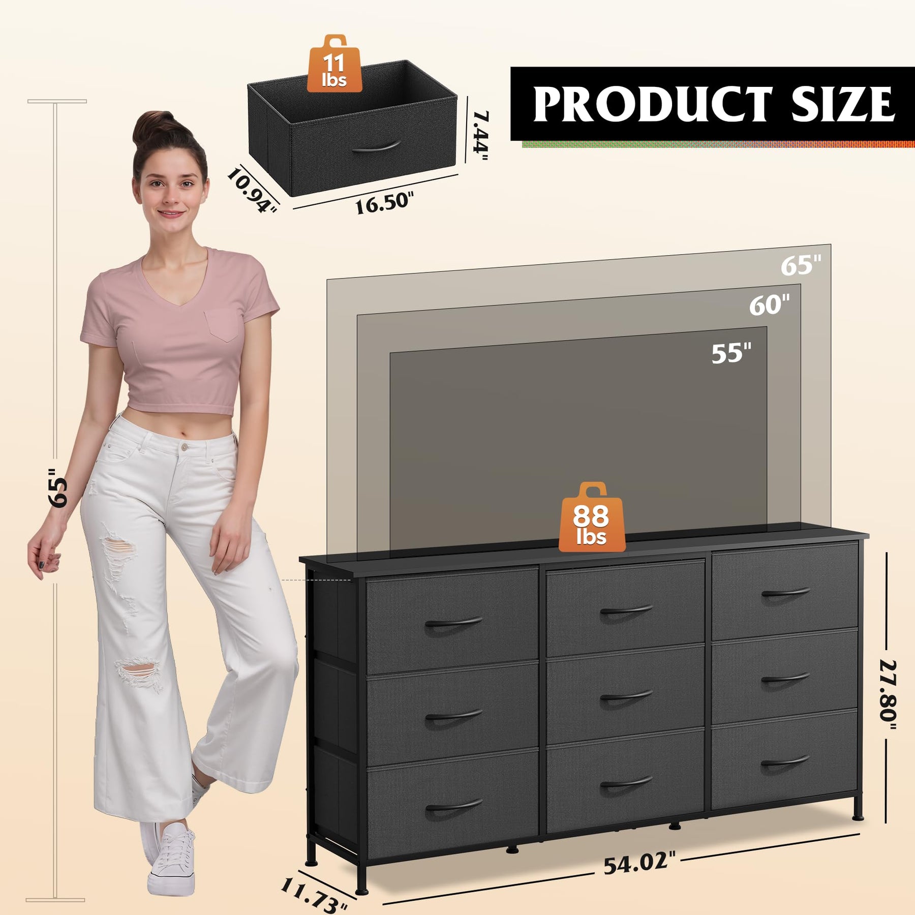 WLIVE Dresser TV Stand for 75 Inch TV, 9 Drawer Dresser for Bedroom, Black