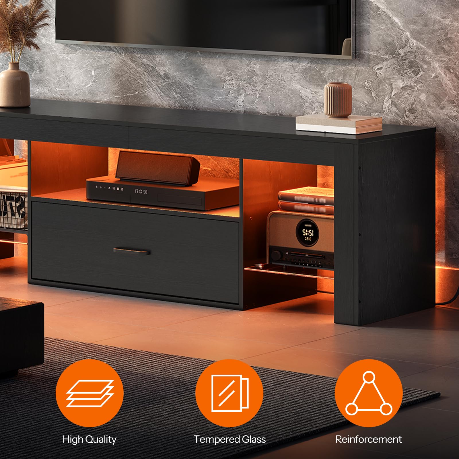 HOOBRO LED TV Stand with Power Outlets to 65 inch TV, Gaming Entertainment Center with Glass Shelves and Large Drawer, Modern Media TV Console Table for Living Room Bedroom, White WT14UDDS01