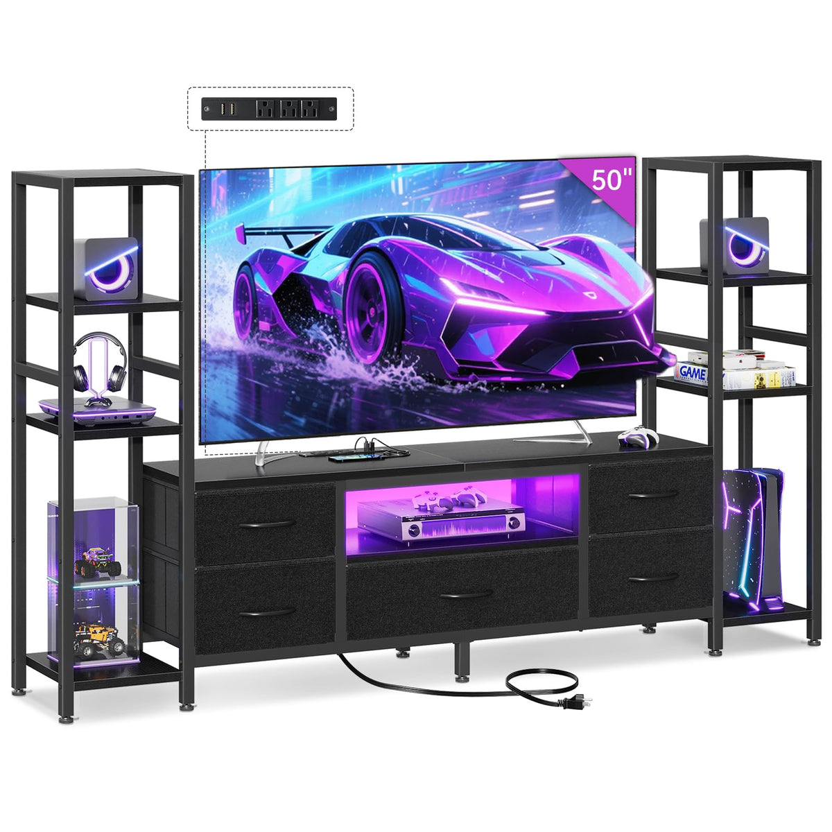 Casaottima TV Stand for 40/50/55 Inch TV, Low-Profile Entertainment Center with LED Lights & Power Outlets, TV Stand with Drawers & Open Shelves for Storage for Small Spaces/Living Room/Gaming, Black