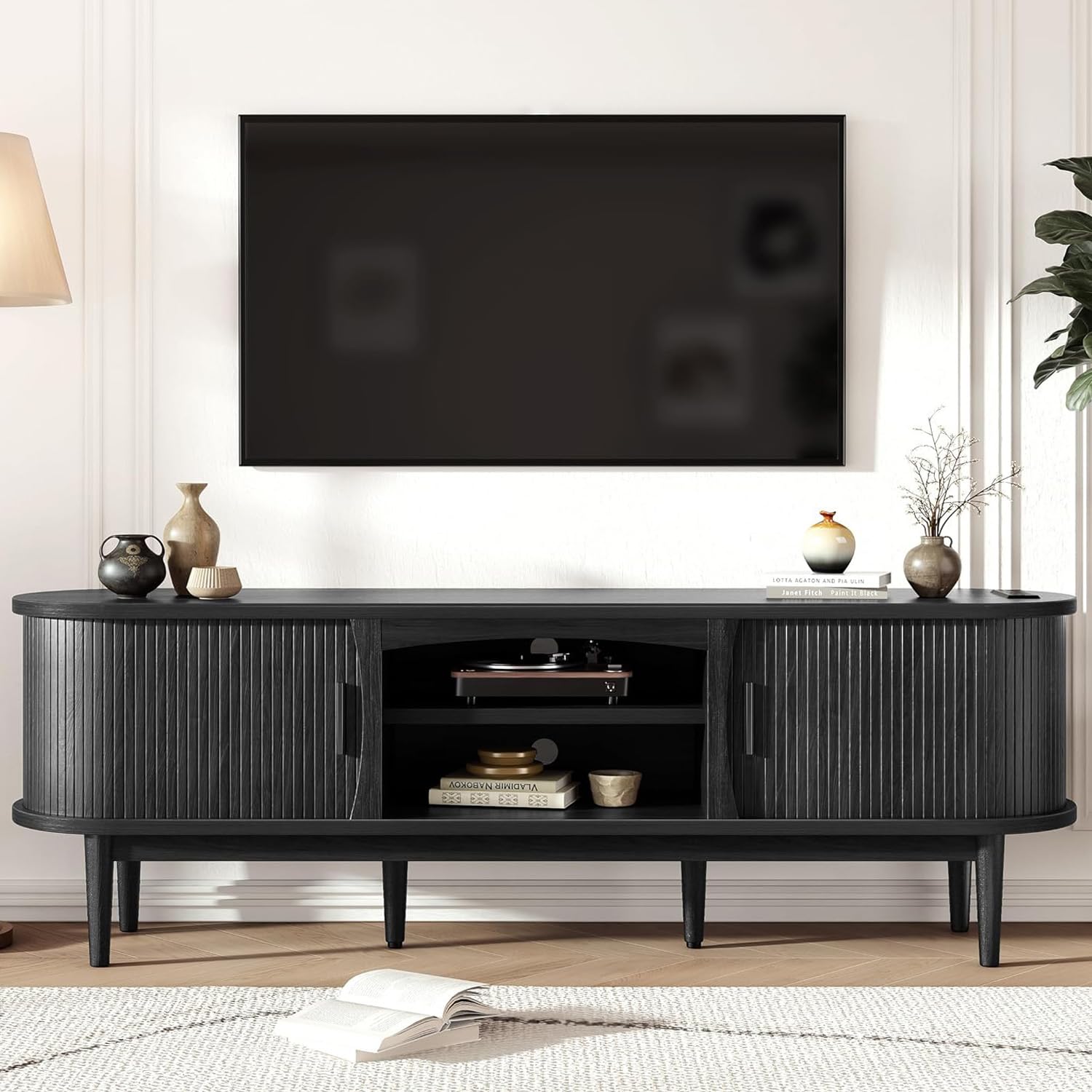Decofy Mid Century TV Stand for TVs up to 80 Inches, Entertainment Center with Storage, Power Outlet, Fluted Sliding Doors & Adjustable Shelves, Modern Media TV Console Table for Living Room (Walnut)