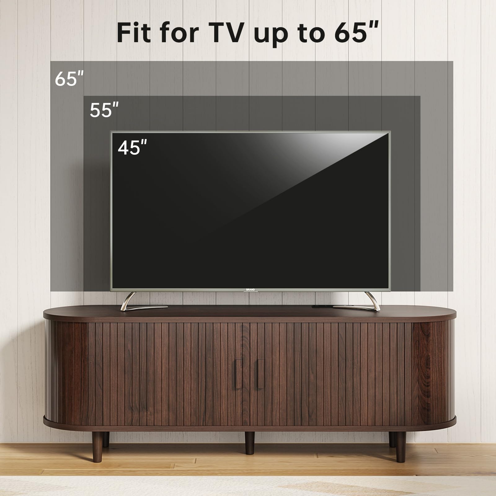 OneBlis 70" Mid Century Modern TV Stand, Wood TV Consoles with Sliding Doors and Power Outlet, Entertainment Center with Adjustable Shelves, Fluted TV Stands for Living Room, Walnut