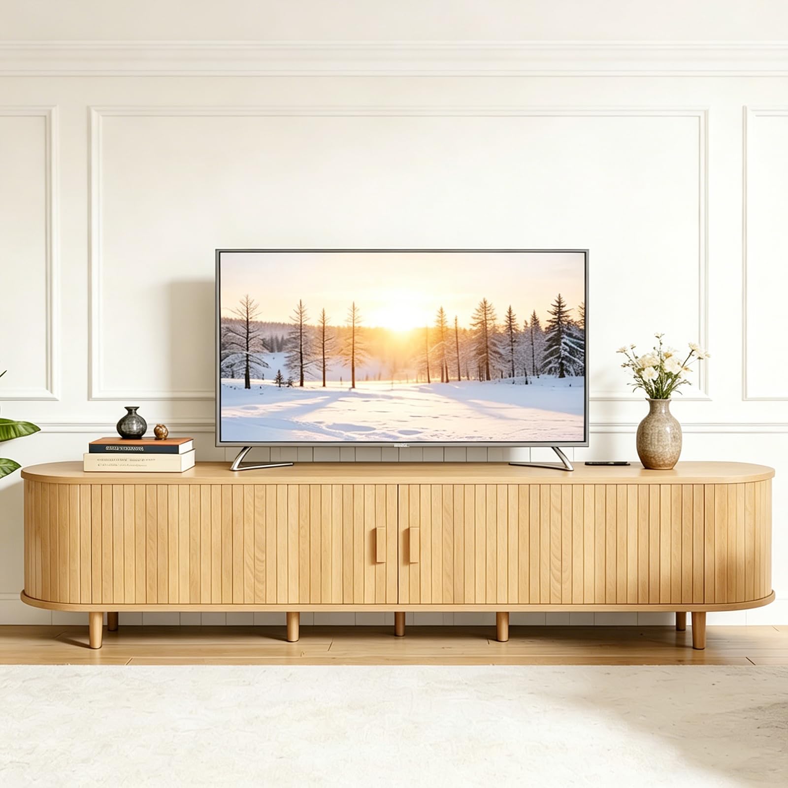 OneBlis 70" Mid Century Modern TV Stand, Wood TV Consoles with Sliding Doors and Power Outlet, Entertainment Center with Adjustable Shelves, Fluted TV Stands for Living Room, Walnut