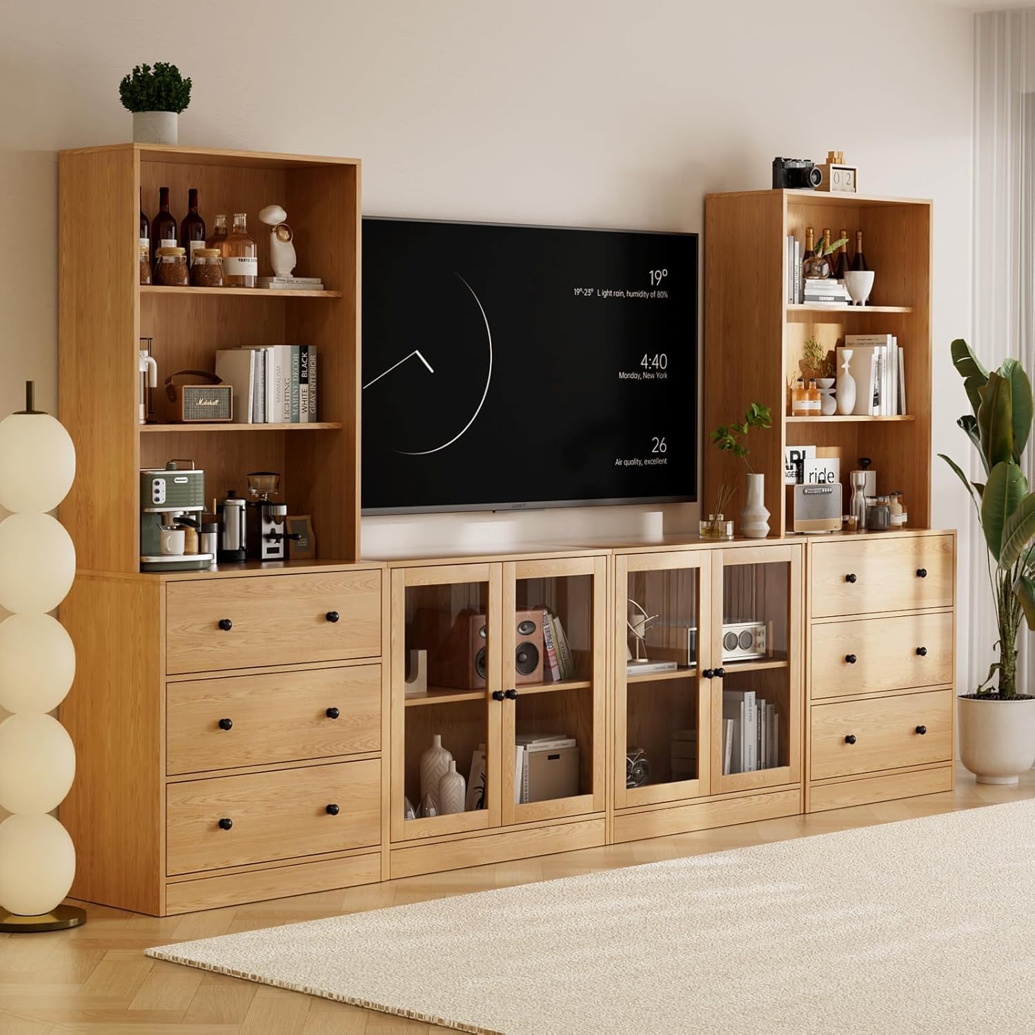 TUSY 71" Large TV Stand Set - TV Entertainment Center for TVs up to 65", Media Center with Tempered Glass Doors and Drawer, TV Hutch with Bookshelves for Living Room (White, BDDB)