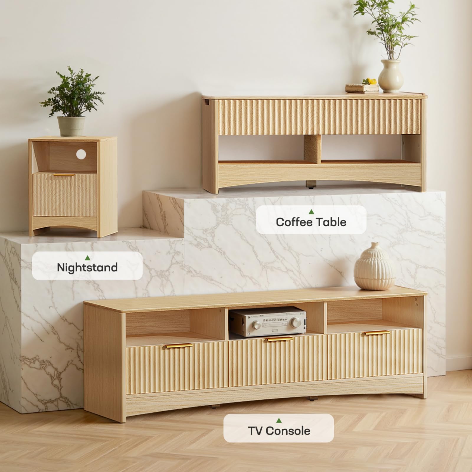 Marsail Fluted TV Stand for 65 inch TV, Modern Entertainment Center with Drawers, Boho TV Stands Wood Media Console Cabinet with Storage and Shelves, TV Consoles for Living Room, Bedroom, Oak
