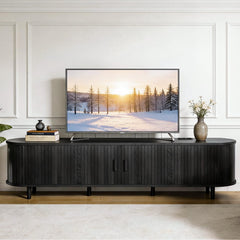 OneBlis 70" Mid Century Modern TV Stand, Wood TV Consoles with Sliding Doors and Power Outlet, Entertainment Center with Adjustable Shelves, Fluted TV Stands for Living Room, Walnut
