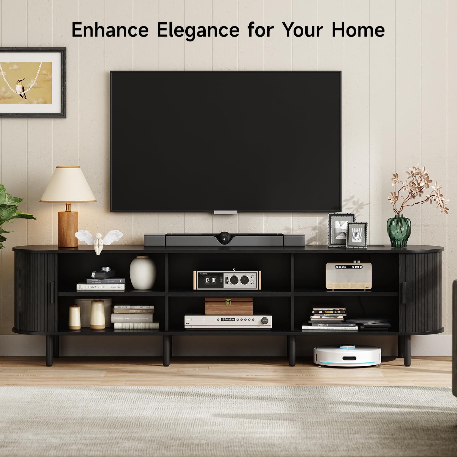 ONBRILL 70.8" TV Stand with Power Outlet for TVs up to 75 Inch, Entertainment Center with Storage and Adjustable Shelves, Modern Media Console with Sliding Doors for Living Room, Walnut