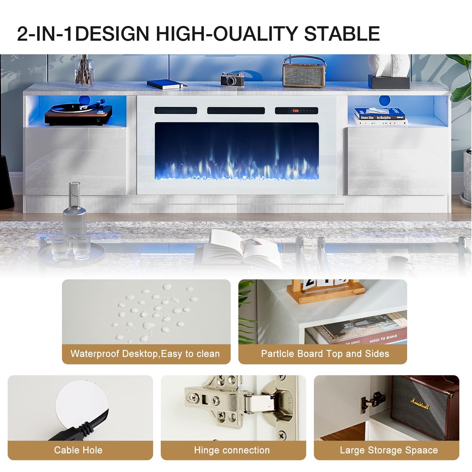 oneinmil Fireplace TV Stand with 36" Electric Fireplace, LED Light Entertainment Center, Modern Wood Texture Entertainment Stand with Highlight Storage Cabinet for TVs Up to 80", 70 inches, Black