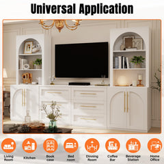 126" Entertainment Center with Bookshelves,4 Doors & 6 Drawers, Modern Farmhouse TV Stand Wall Unit for TVs up to 70" Media Console Storage Cabinet with 18 Shelves for Living Room Heavy-Duty White