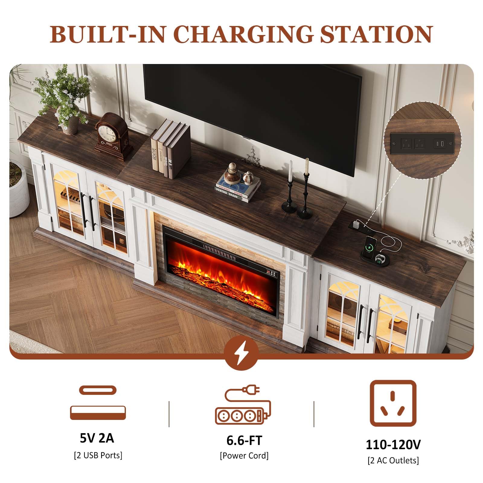 HolliWill 104" Fireplace TV Stand for TVs Up to 100 Inch, LED Electric Fireplace with Mantel and Sideboard Cabinets, Entertainment Center with 4 Glass Doors and Outlet, Modern for Living Room