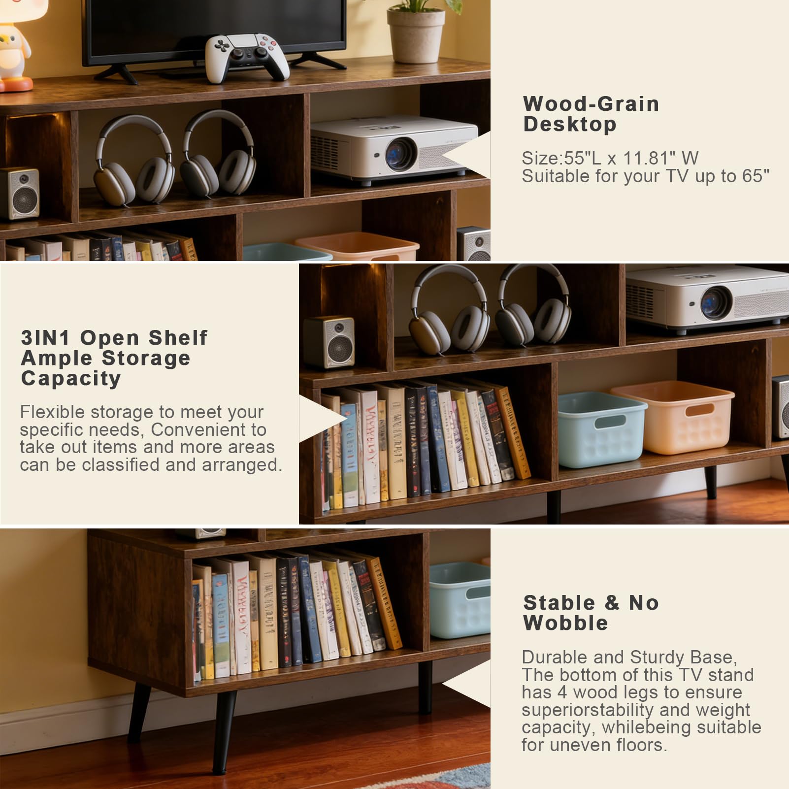 ACOHOOK Walnut 60" Mid-Century TV Stand with Storage Open Shelf