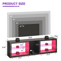 Clikuutory Modern 63 inch TV Stand with LED Lights for 50 55 60 65 70 75 inch TVs, High Gloss Entertainment Center for PS5, TV Cabinet with Glass Shelves for Living Room, Bedroom, Bright Black