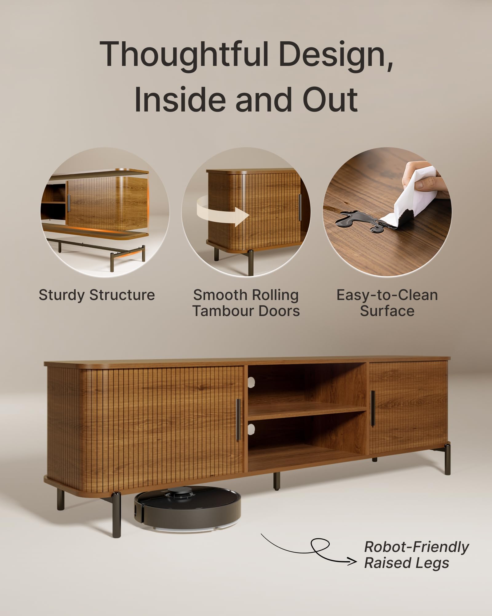 SUNCOZE 70" Mid-Century Fluted TV Stand with Storage up to 80 Inch, Walnut