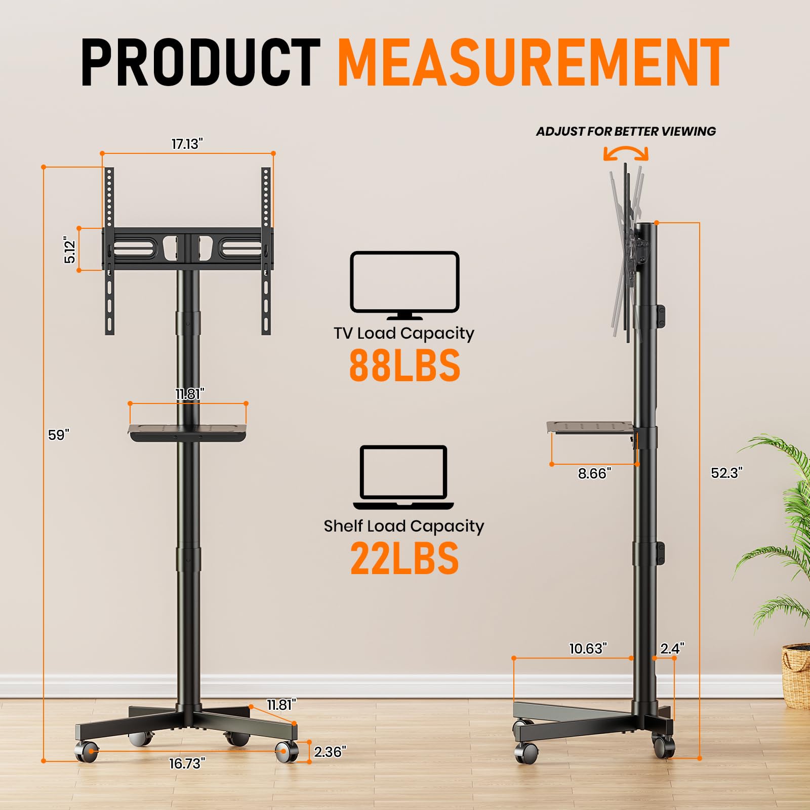 Motorized Rolling TV Stand on Wheels for 32-75 Inch TVs/Screens