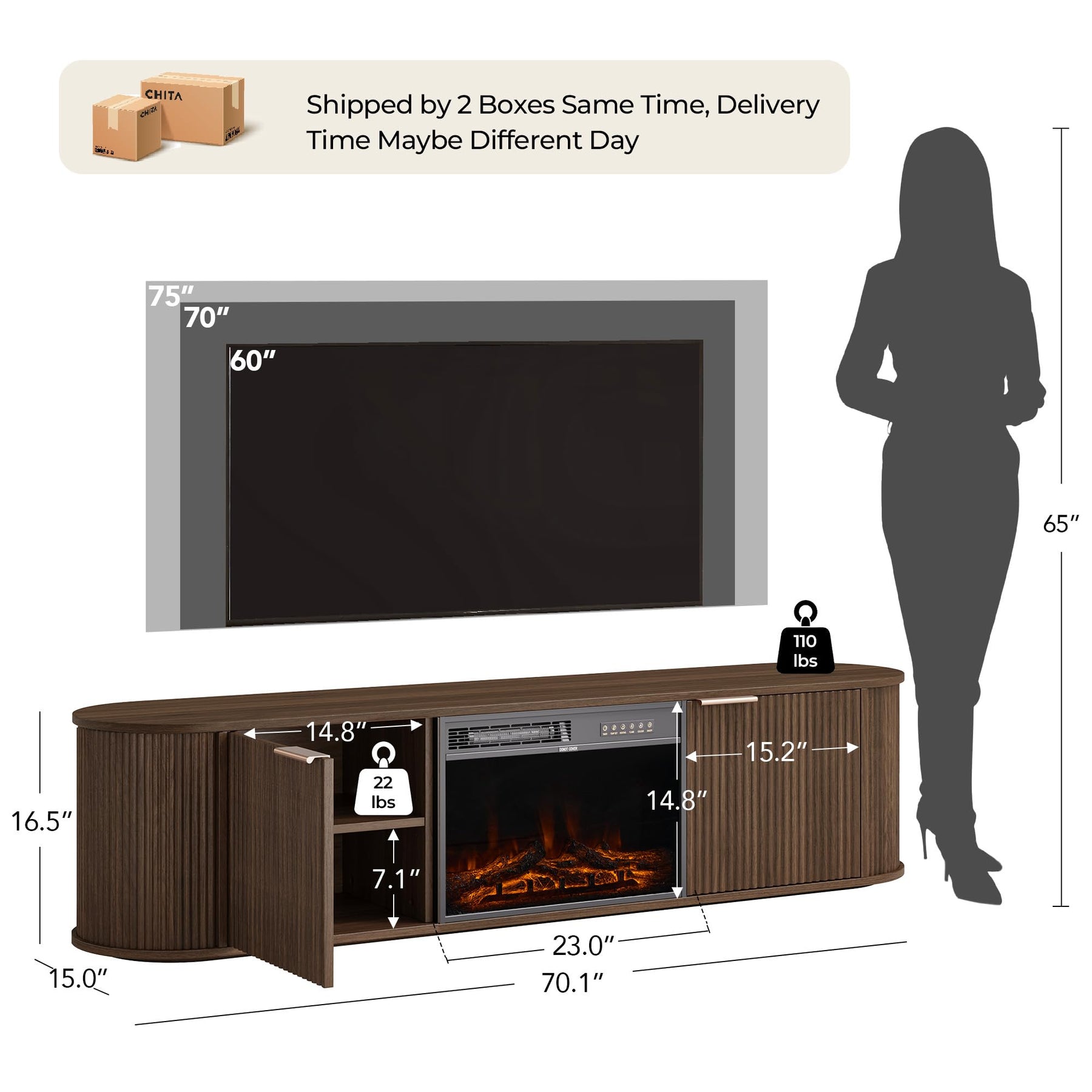 CHITA 70" Fluted TV Stands TV Console with Drawers for TVs Up to 80",Walnut