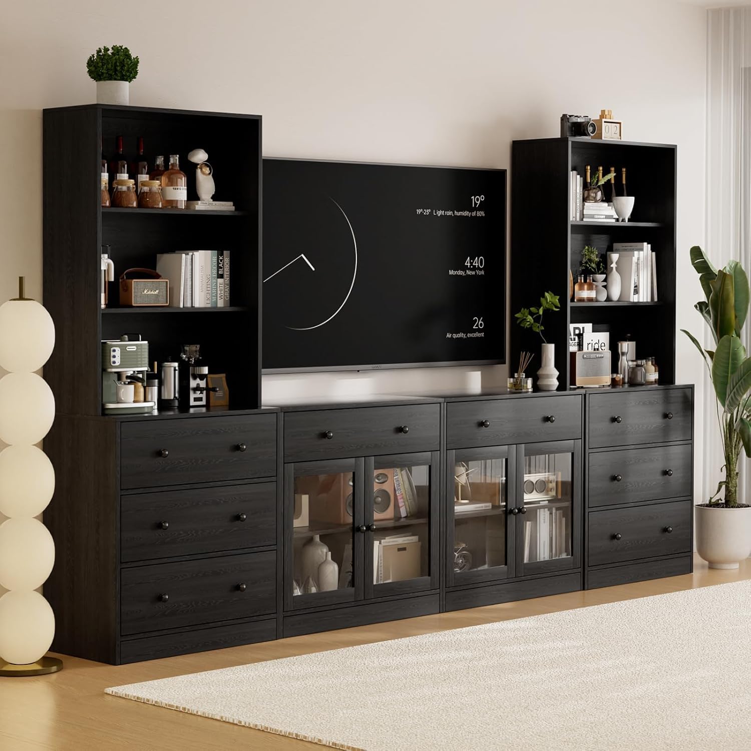 TUSY 71" Large TV Stand Set - TV Entertainment Center for TVs up to 65", Media Center with Tempered Glass Doors and Drawer, TV Hutch with Bookshelves for Living Room (White, BDDB)