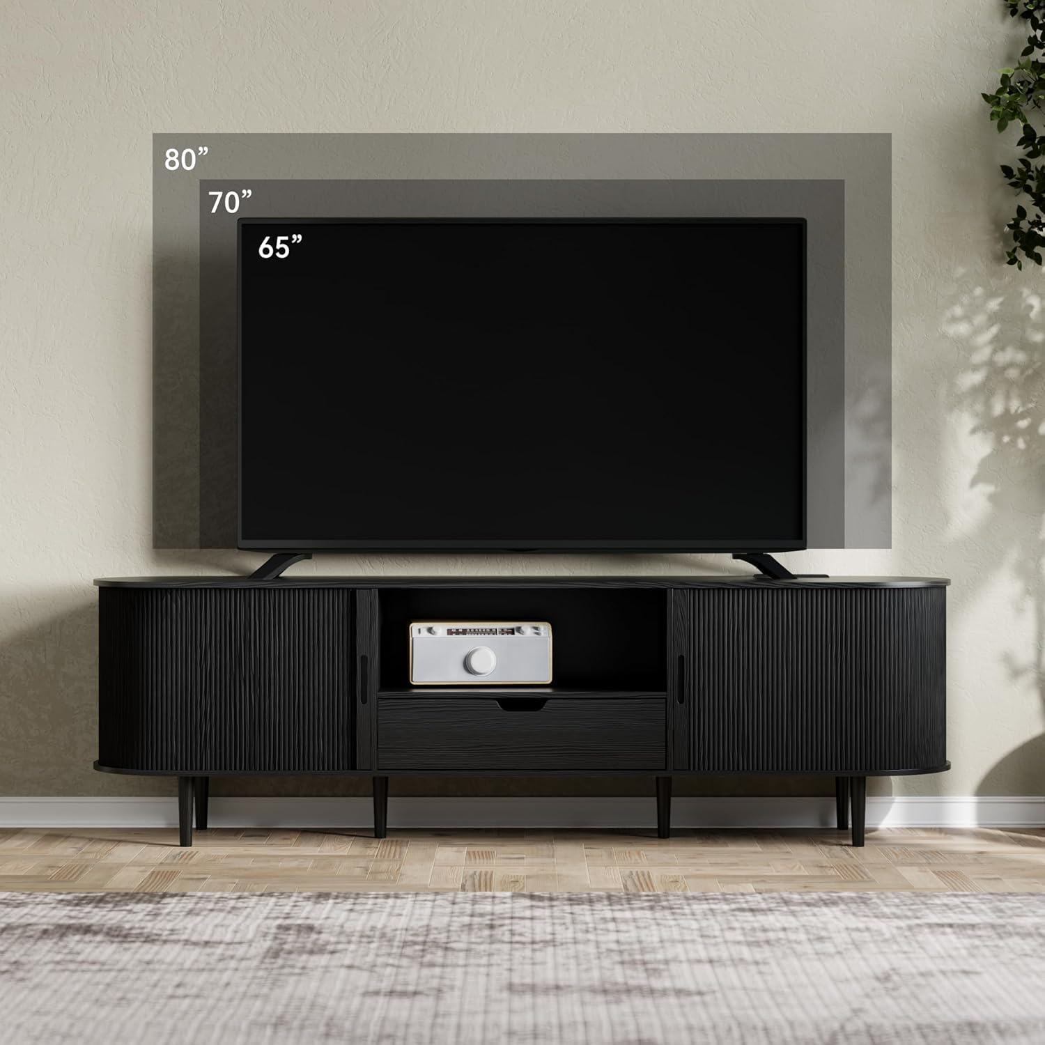 DHH 86.6" Fluted TV Stand with Power Outlet for TVs up to 90", TV Console with Adjustable Shelves and Sliding Door,Mid Century Modern Entertainment Center for Living Room,Bedroom (Walnut)