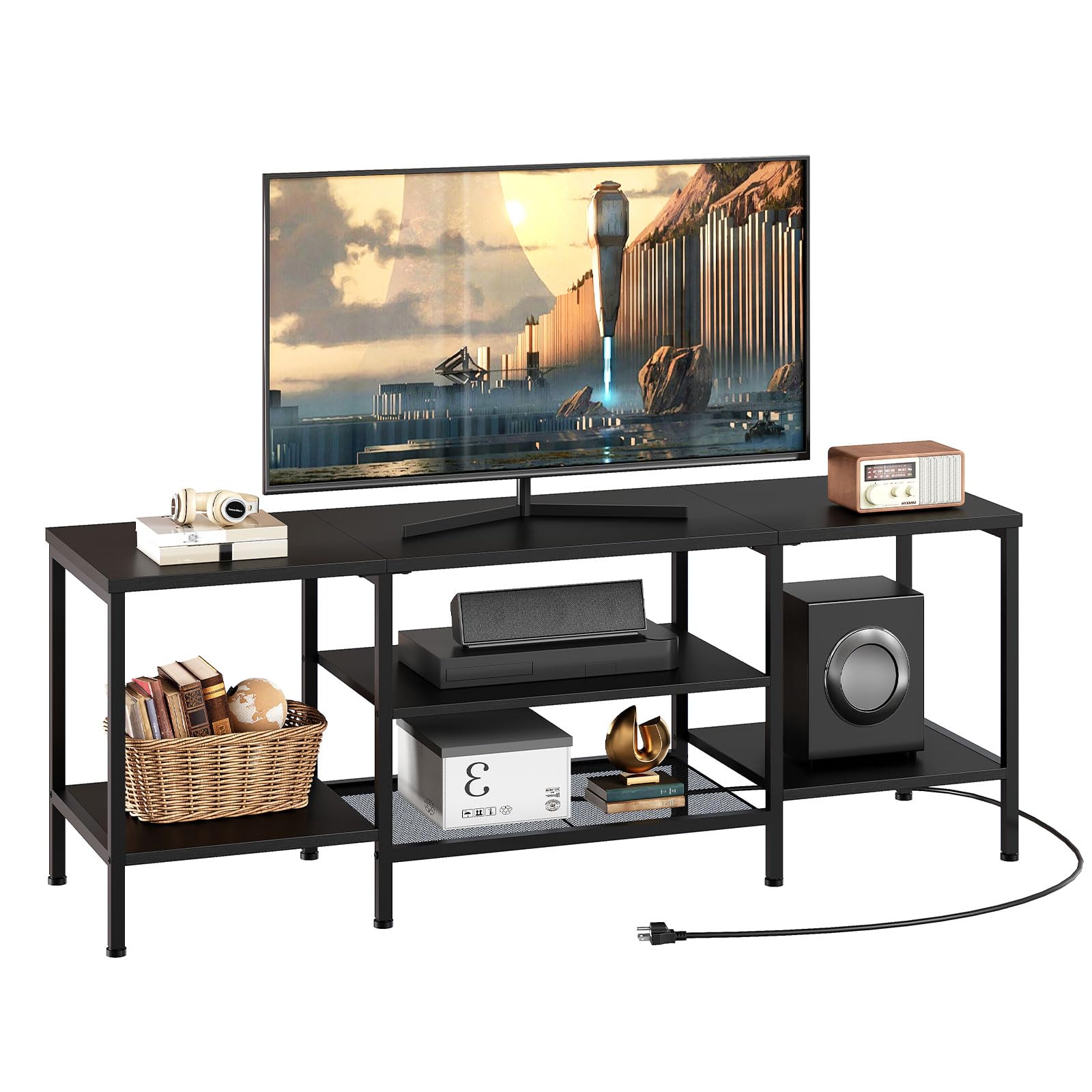 HOOBRO TV Stand with Power Outlets to 75 Inches, TV Console Table with Open Storage Shelves Cabinet, Industrial Media Entertainment Center for Living Room Bedroom, Rustic Brown and Black BF80DS01