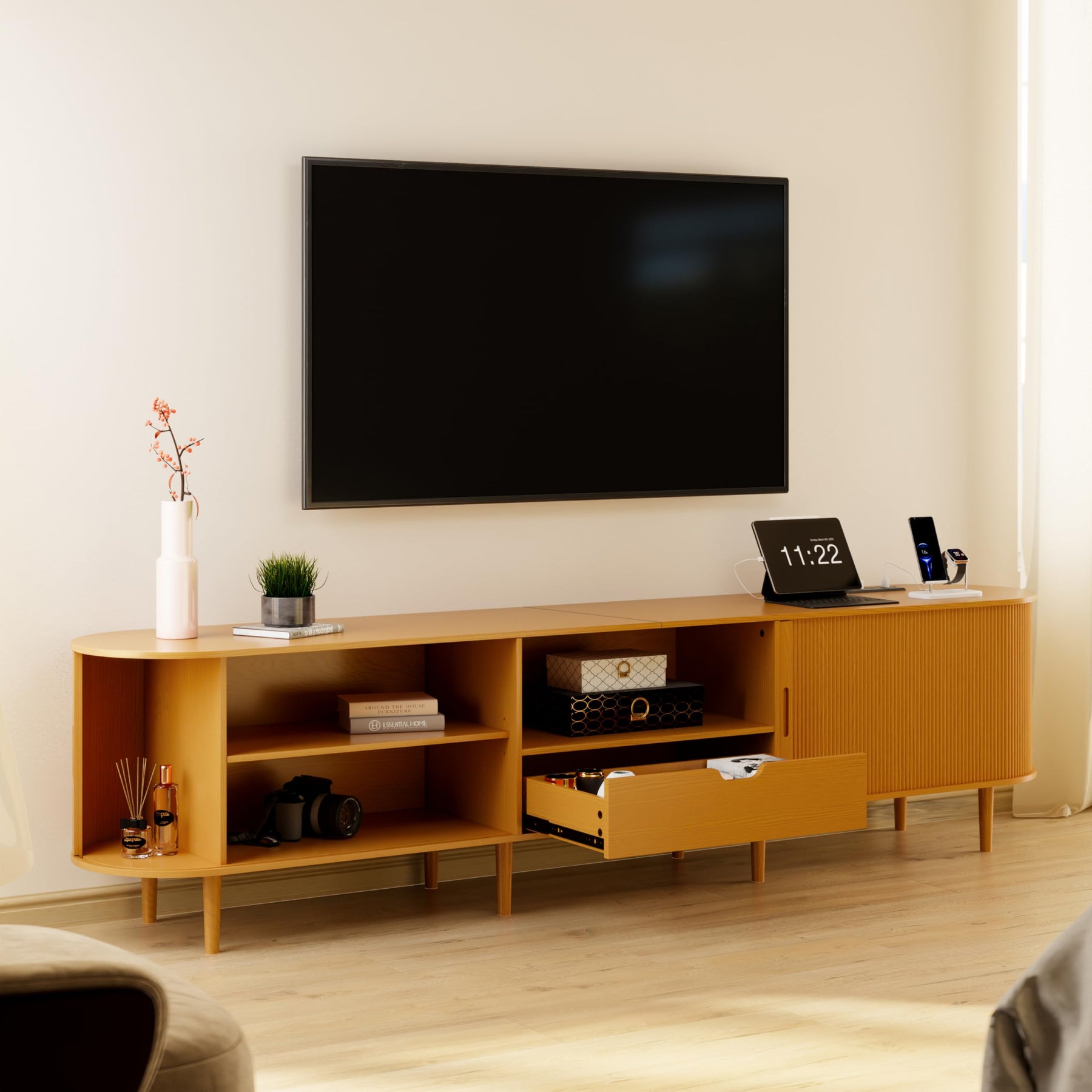 DHH 86.6" Fluted TV Stand with Power Outlet for TVs up to 90", TV Console with Adjustable Shelves and Sliding Door,Mid Century Modern Entertainment Center for Living Room,Bedroom (Walnut)