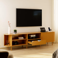DHH 86.6" Fluted TV Stand with Power Outlet for TVs up to 90", TV Console with Adjustable Shelves and Sliding Door,Mid Century Modern Entertainment Center for Living Room,Bedroom (Walnut)