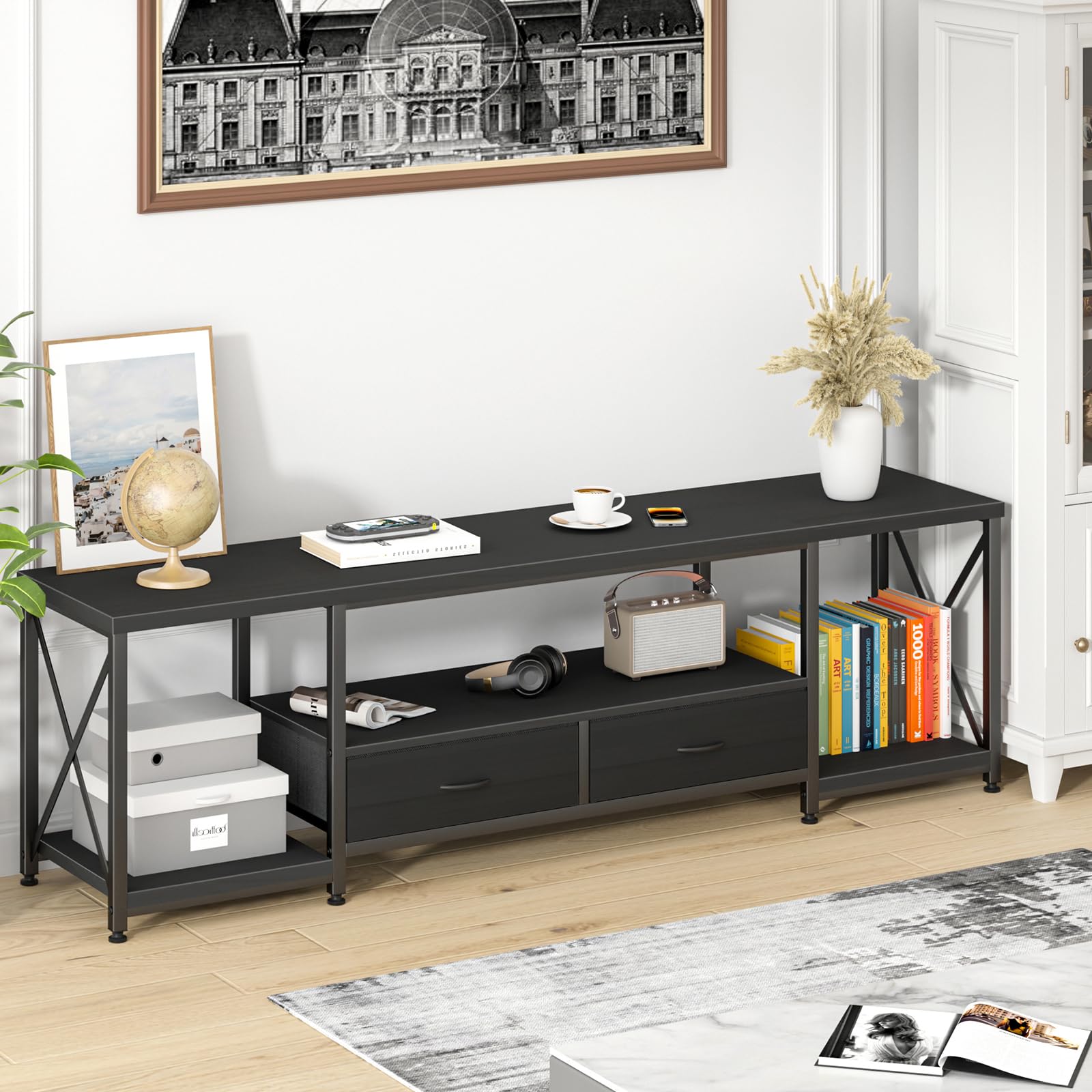 GYIIYUO TV Stand with Fabric Drawer - Entertainment Center and Industrial TV Console Table with Open Storage Shelves for Living Room, Bedroom - 55.1" Rustic Brown