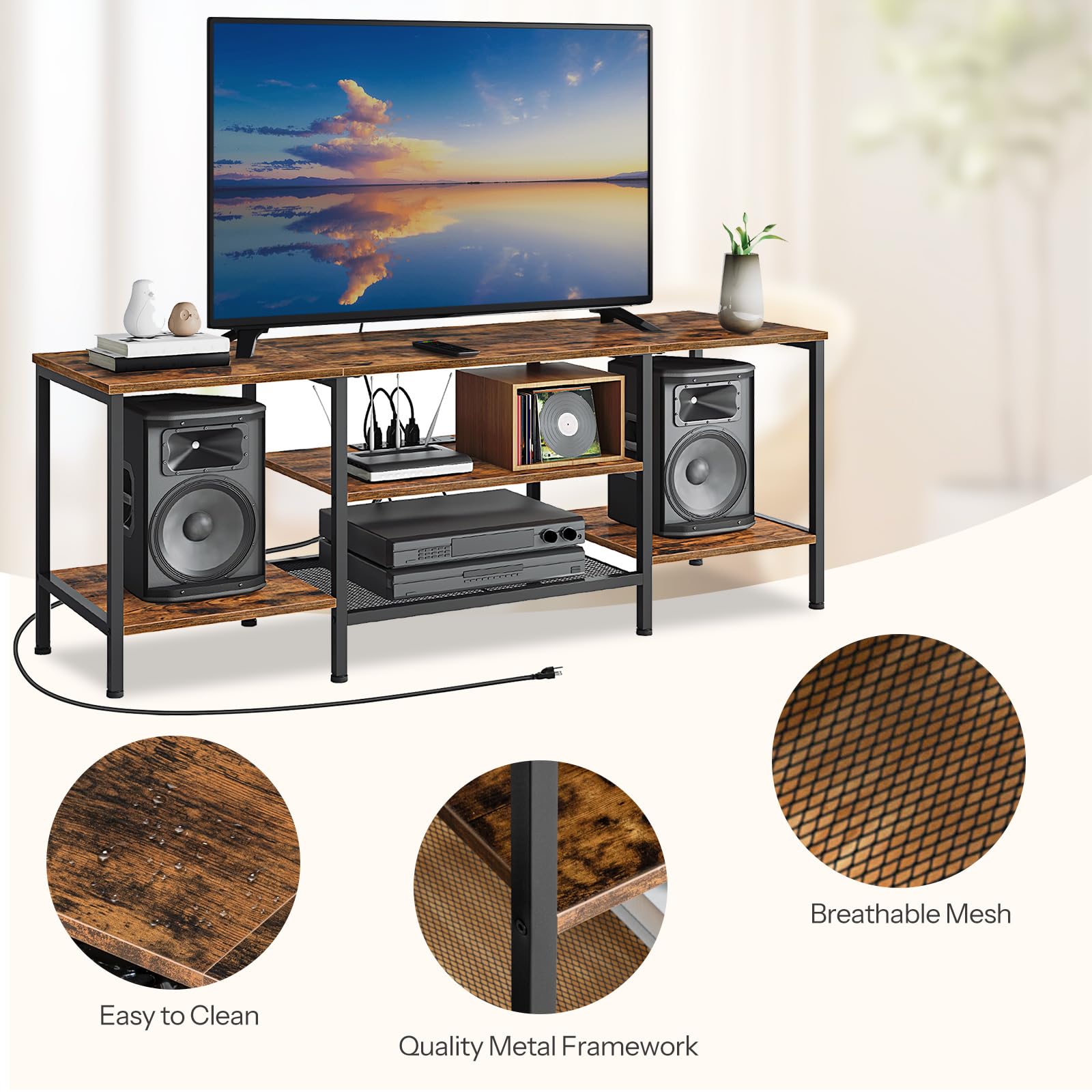 HOOBRO TV Stand with Power Outlets to 75 Inches, TV Console Table with Open Storage Shelves Cabinet, Industrial Media Entertainment Center for Living Room Bedroom, Rustic Brown and Black BF80DS01