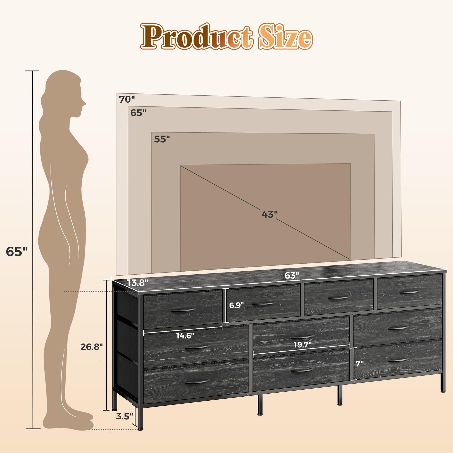 Huuger 63 Inch Dresser for Bedroom, Long Dresser with 10 Fabric Drawers, TV Stand for 55, 65, 70 Inch TV, Toy Storage Organizer for Closet, Rustic Brown